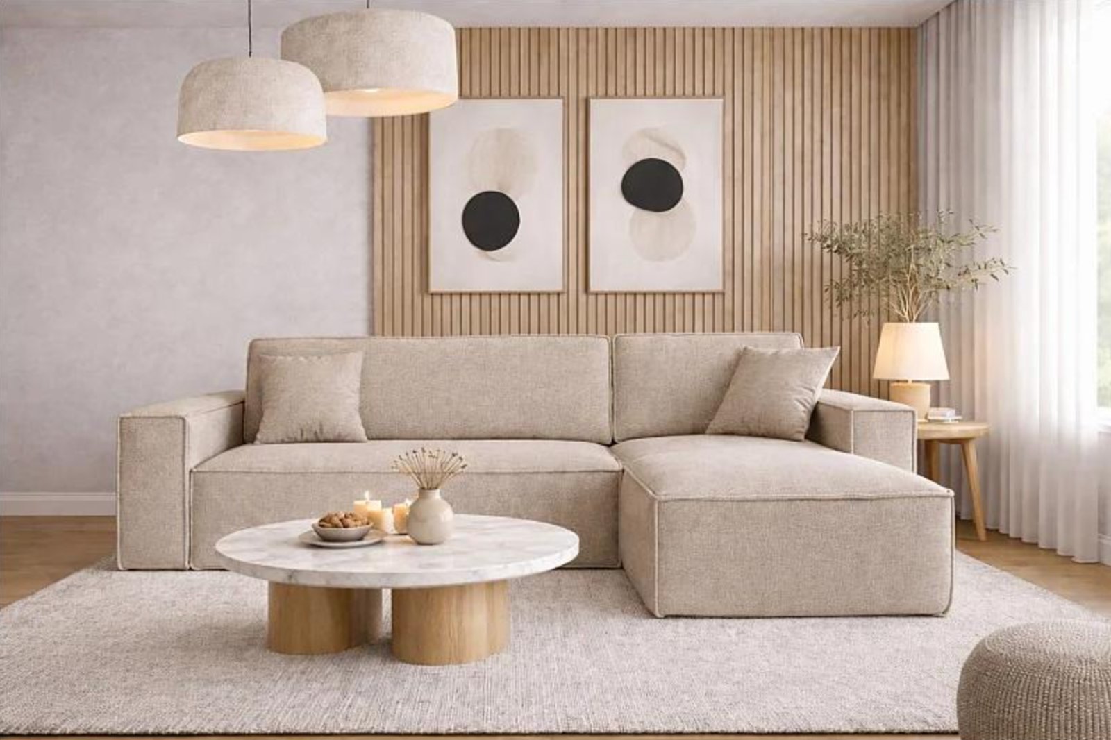 Elegant serviced apartment living room with a neutral sofa, marble coffee table and warm timber panelling