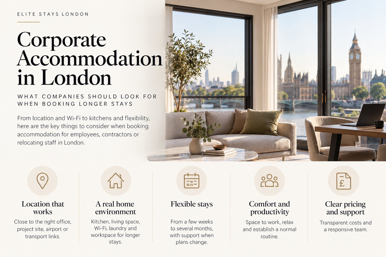 Corporate accommodation in London: what companies should look for when booking longer stays — a serviced apartment living room with workspace and a view of the Thames and Westminster